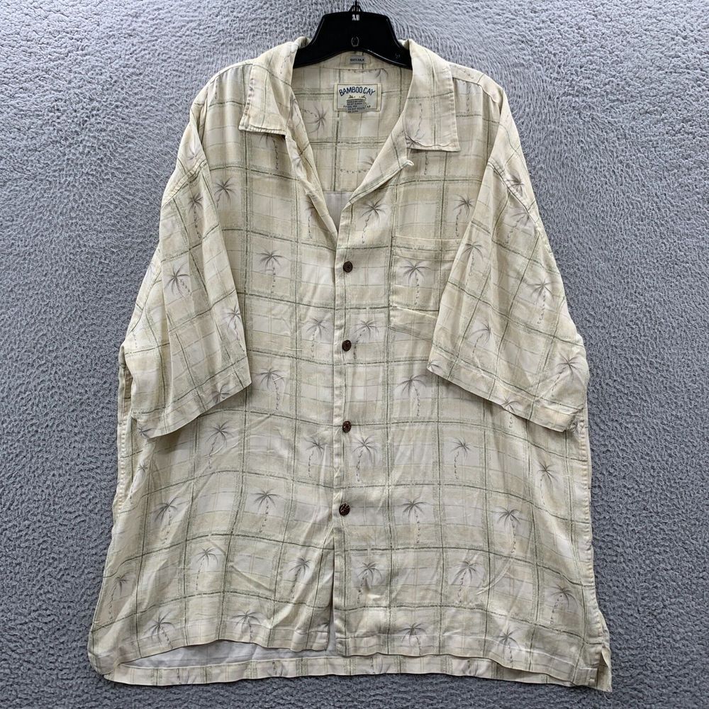 BAMBOO CAY Shirt Mens XXL Button Up Short Sleeve Silk Yellow Green